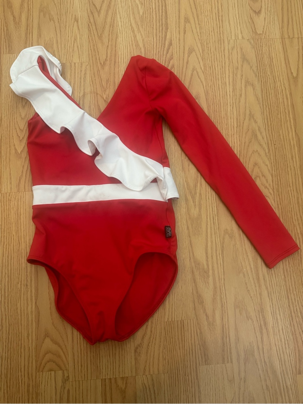 Tiger Friday Red One-Shoulder Ruffle Long-Sleeve Dance Unitard- White Trim